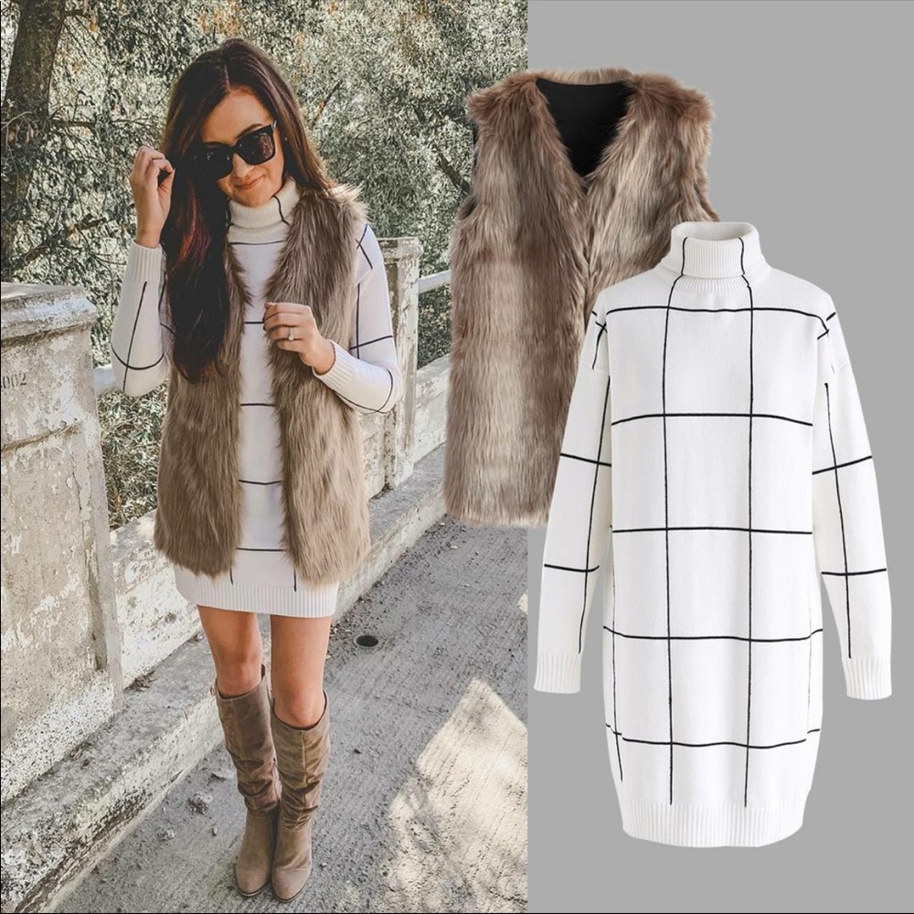 White sweater dress and fur vest